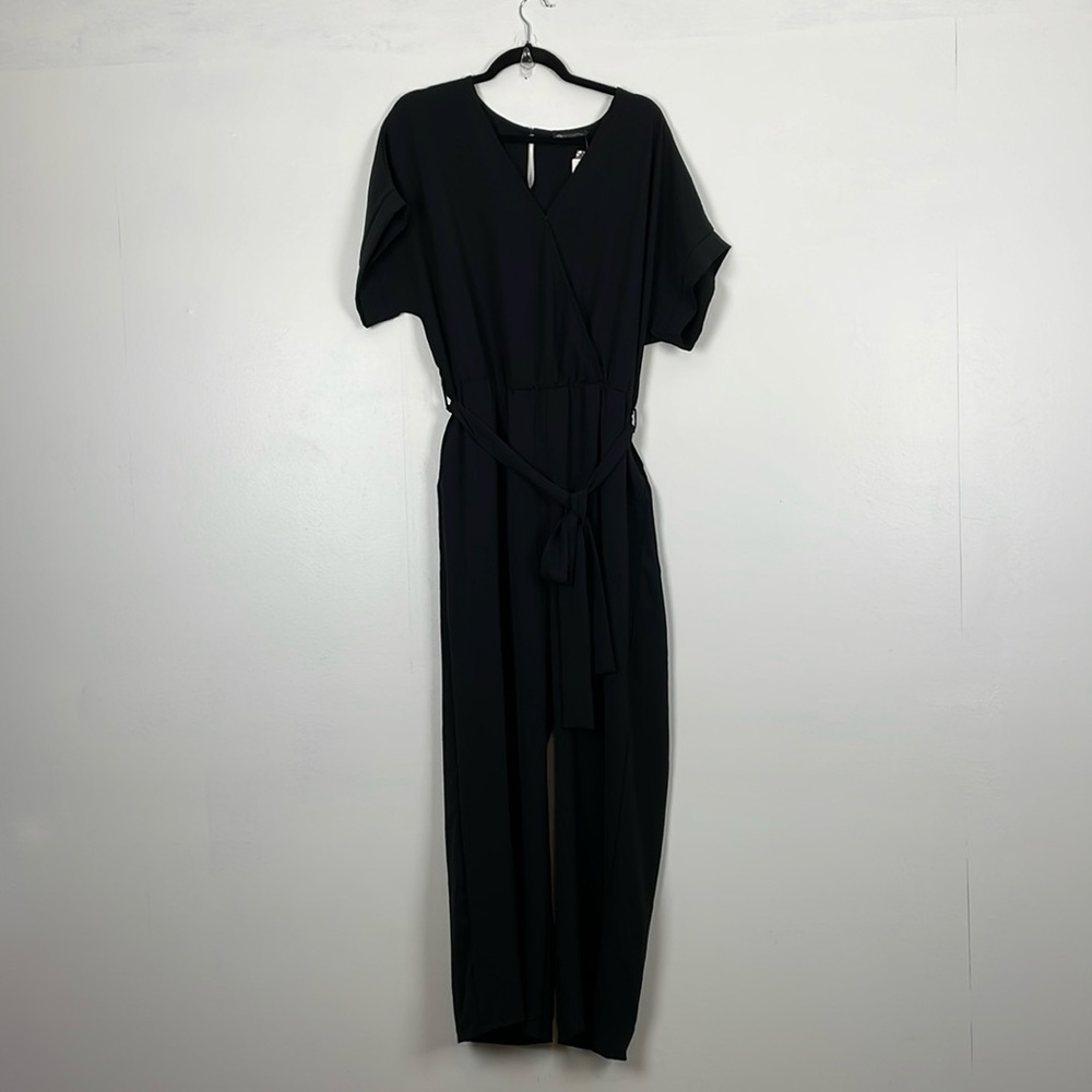 Pretty Garden Womens XL Black Jumpsuit Short Sleeve V Neck Elastic Waist Belted